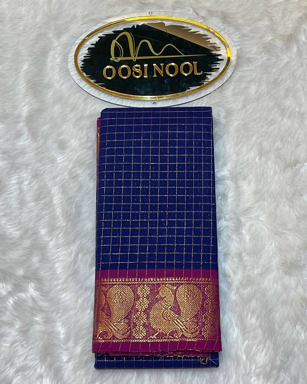 Checked Chettinad Cotton Saree (Navy Blue with Pink Border)