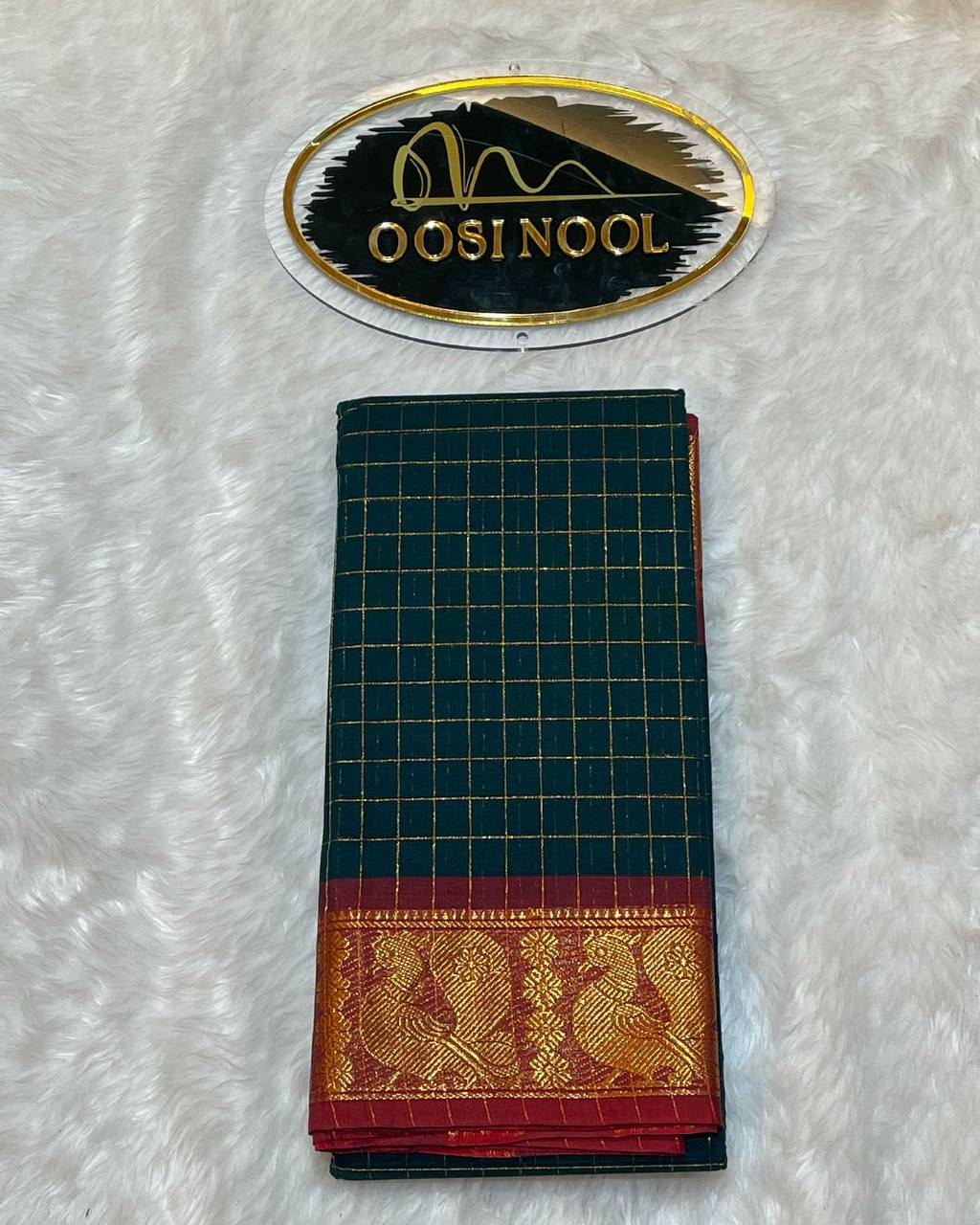 Checked Chettinad Cotton Saree (Bottle Green with Red Border)