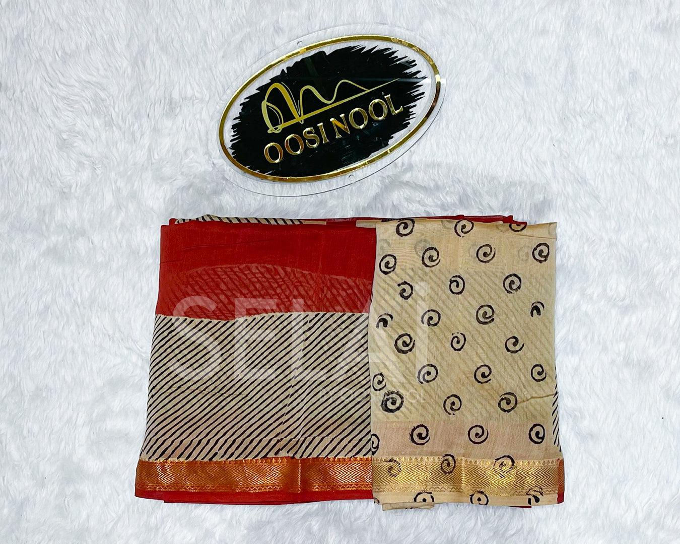 Red Chanderi Cotton Saree with Beige Border