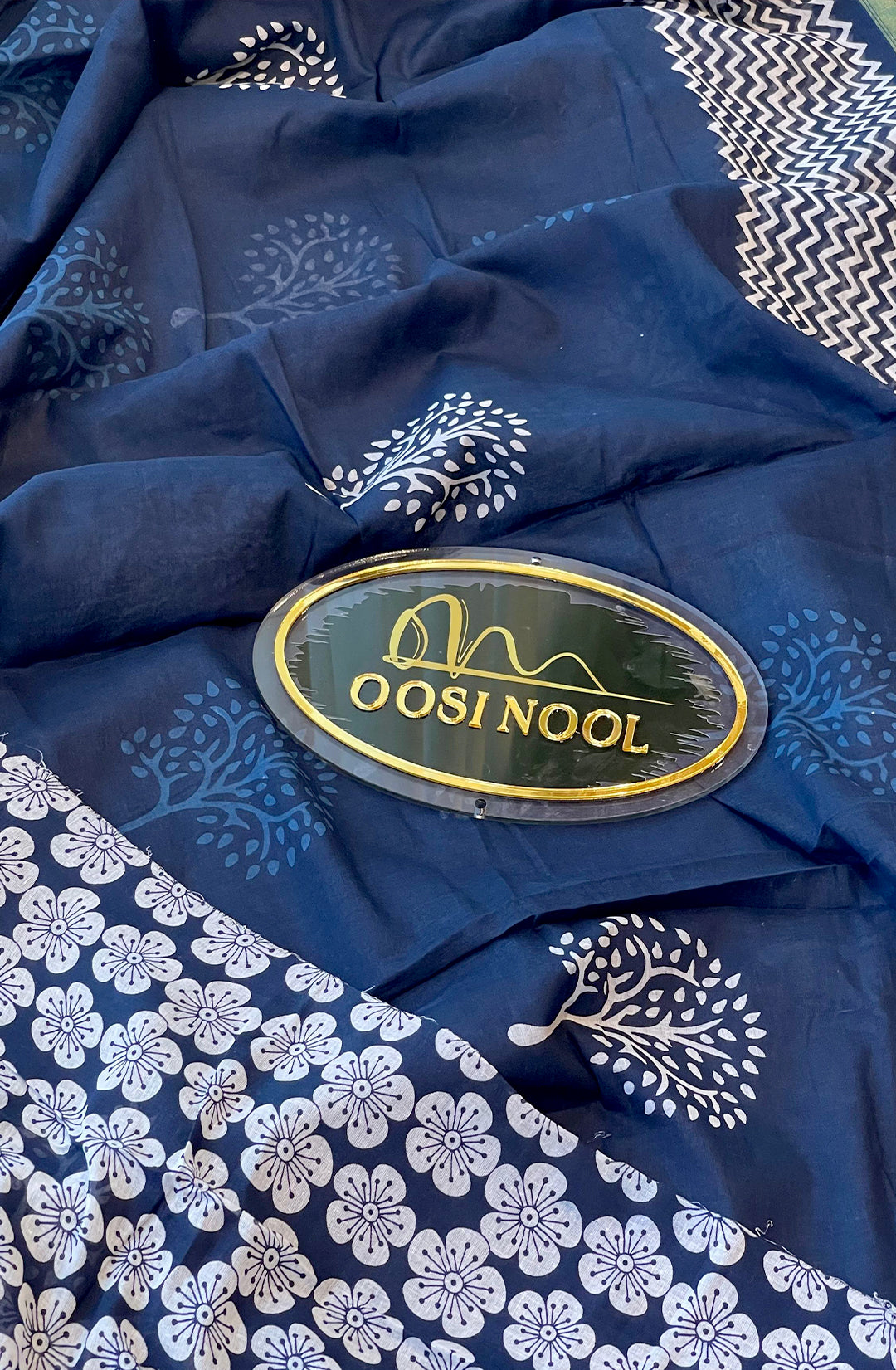 Ajrakh Print Cotton Saree (Indigo & white with tree print)