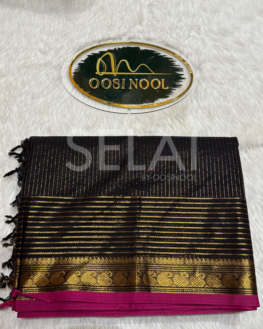 Vaira Oosi Cotton Saree (Black & Gold)