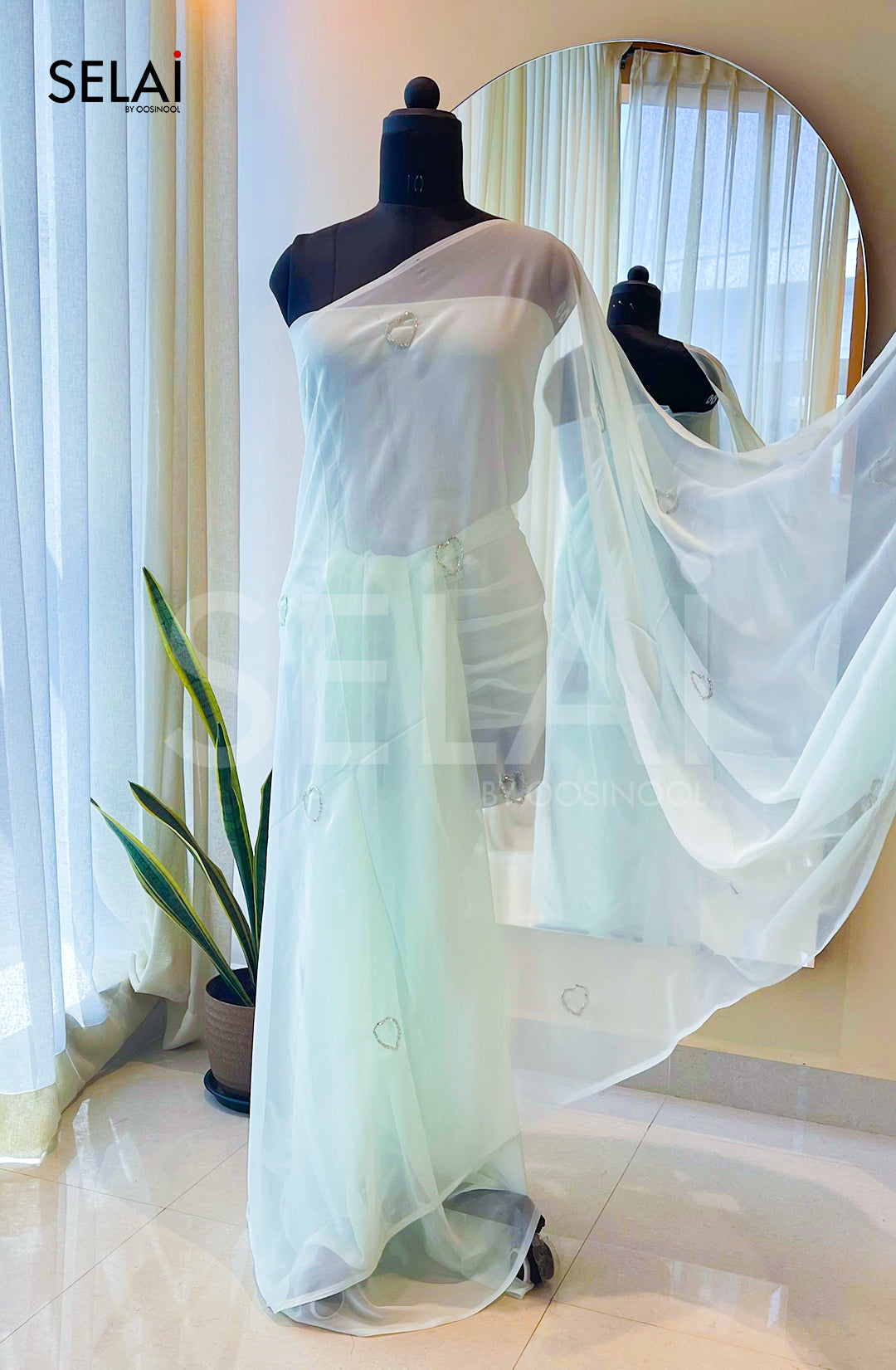 Georgette Saree with Minimal Hearts (Mint)