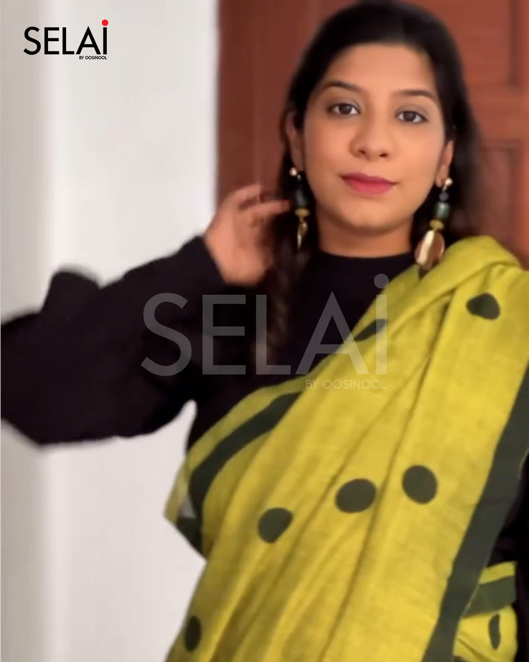 Polka Dot Mulmul Cotton Saree (Green)