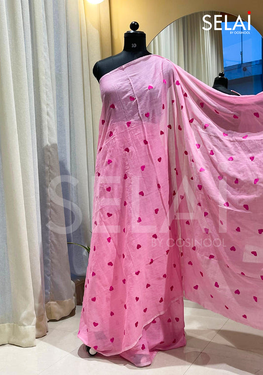 Heart Mulmul Cotton Saree (Pink)