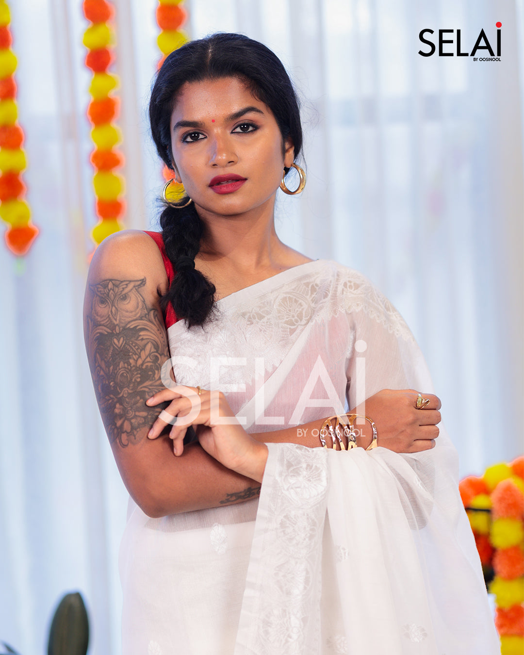 White Cotton with Silver Zari Buttas Saree