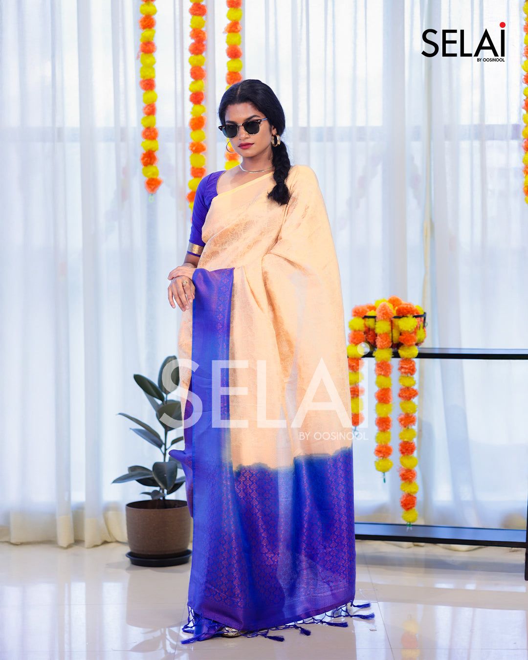 Floral Semi Silk Saree (Cream with Blue)