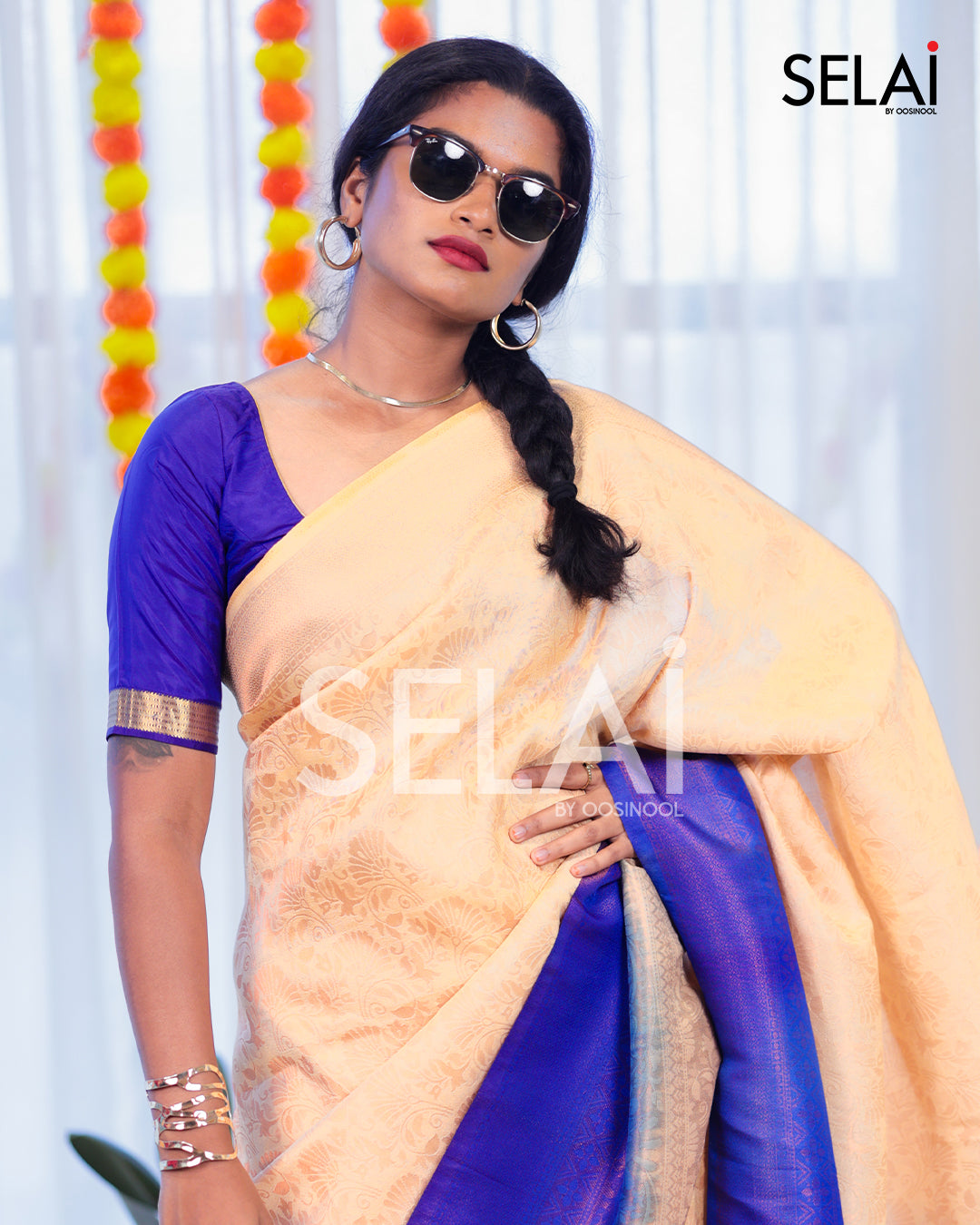 Floral Semi Silk Saree (Cream with Blue)