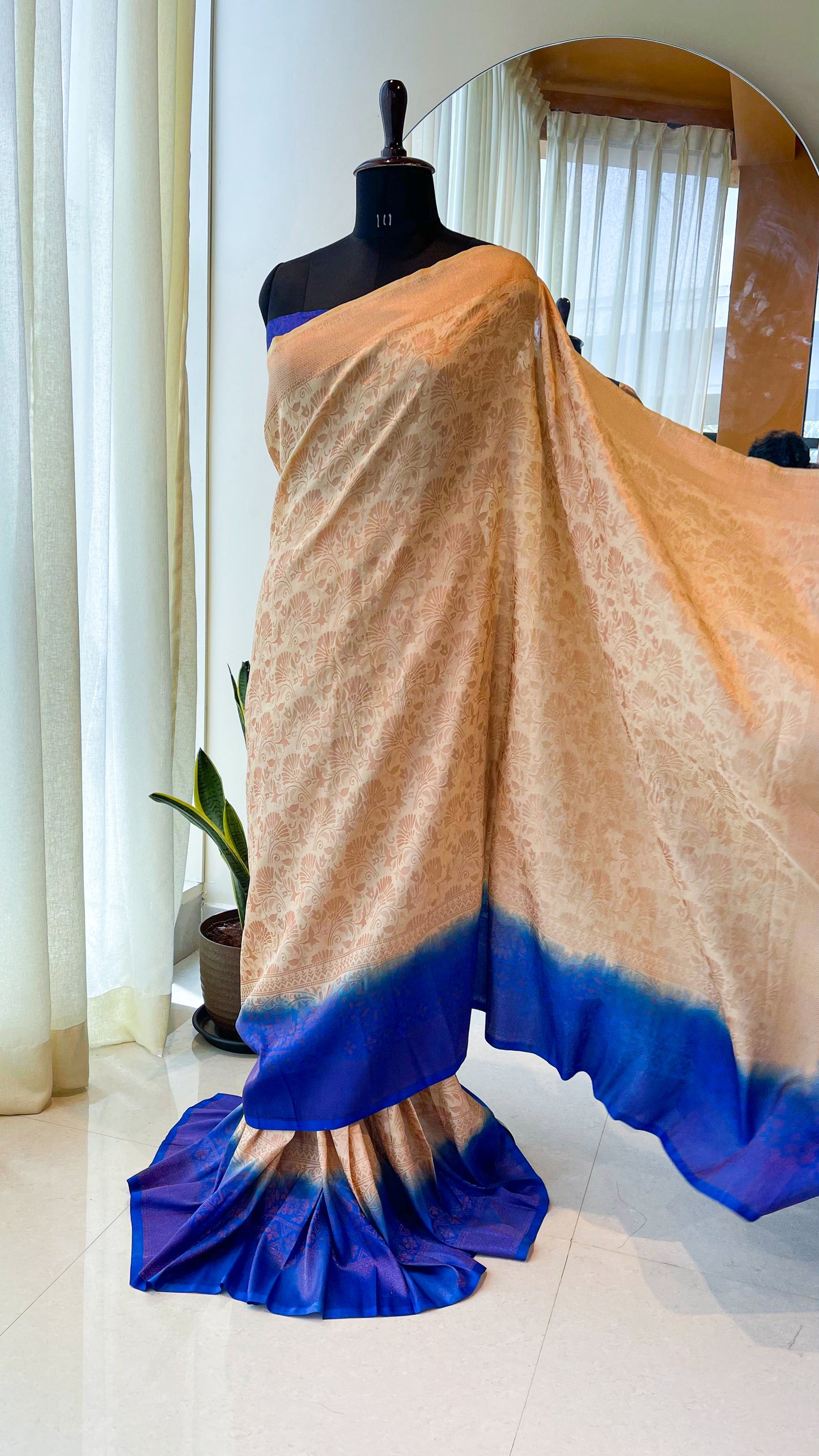 Floral Semi Silk Saree (Cream with Blue)