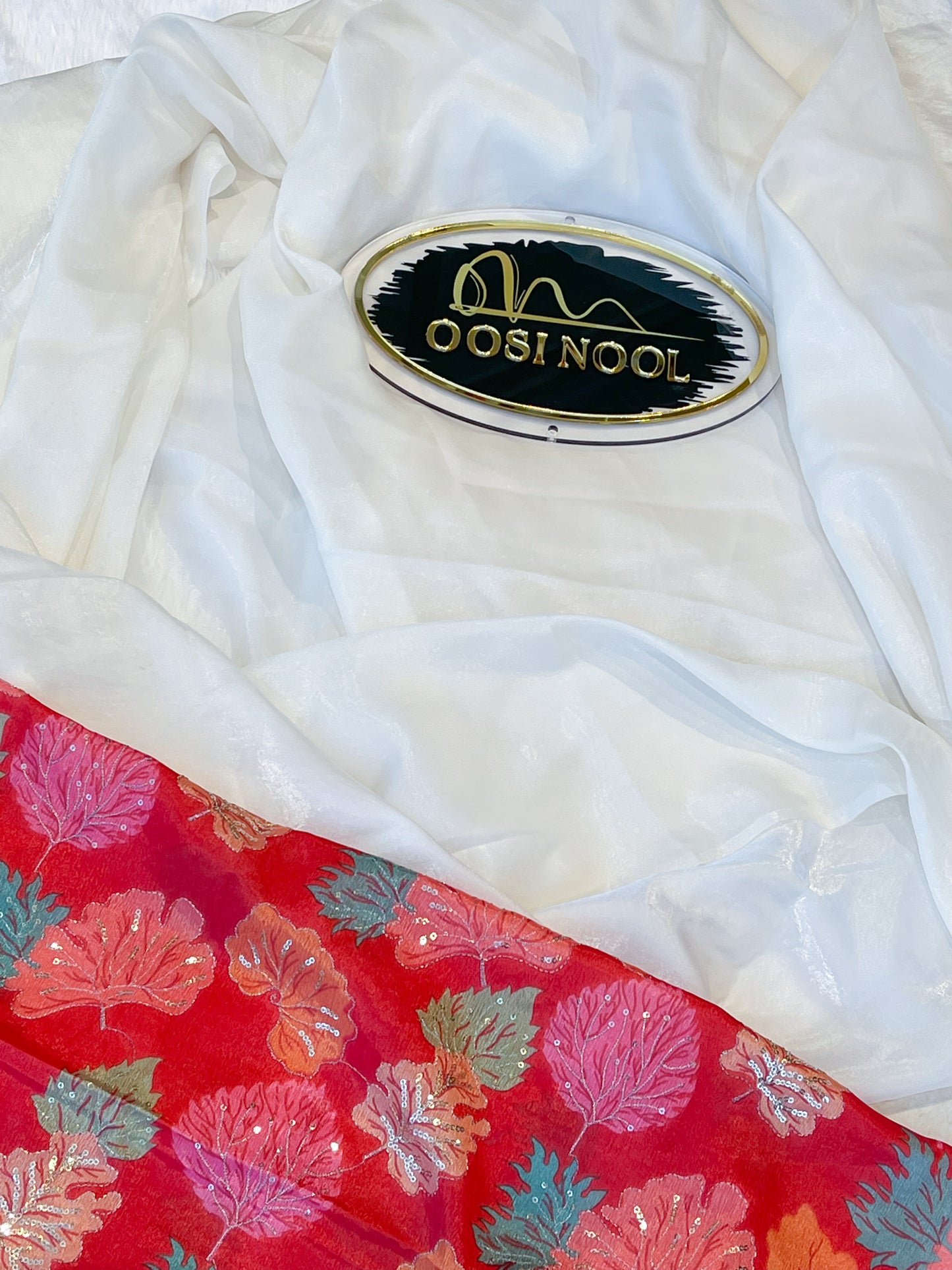 Glass Organza (White) with Floral print blouse (Orange)