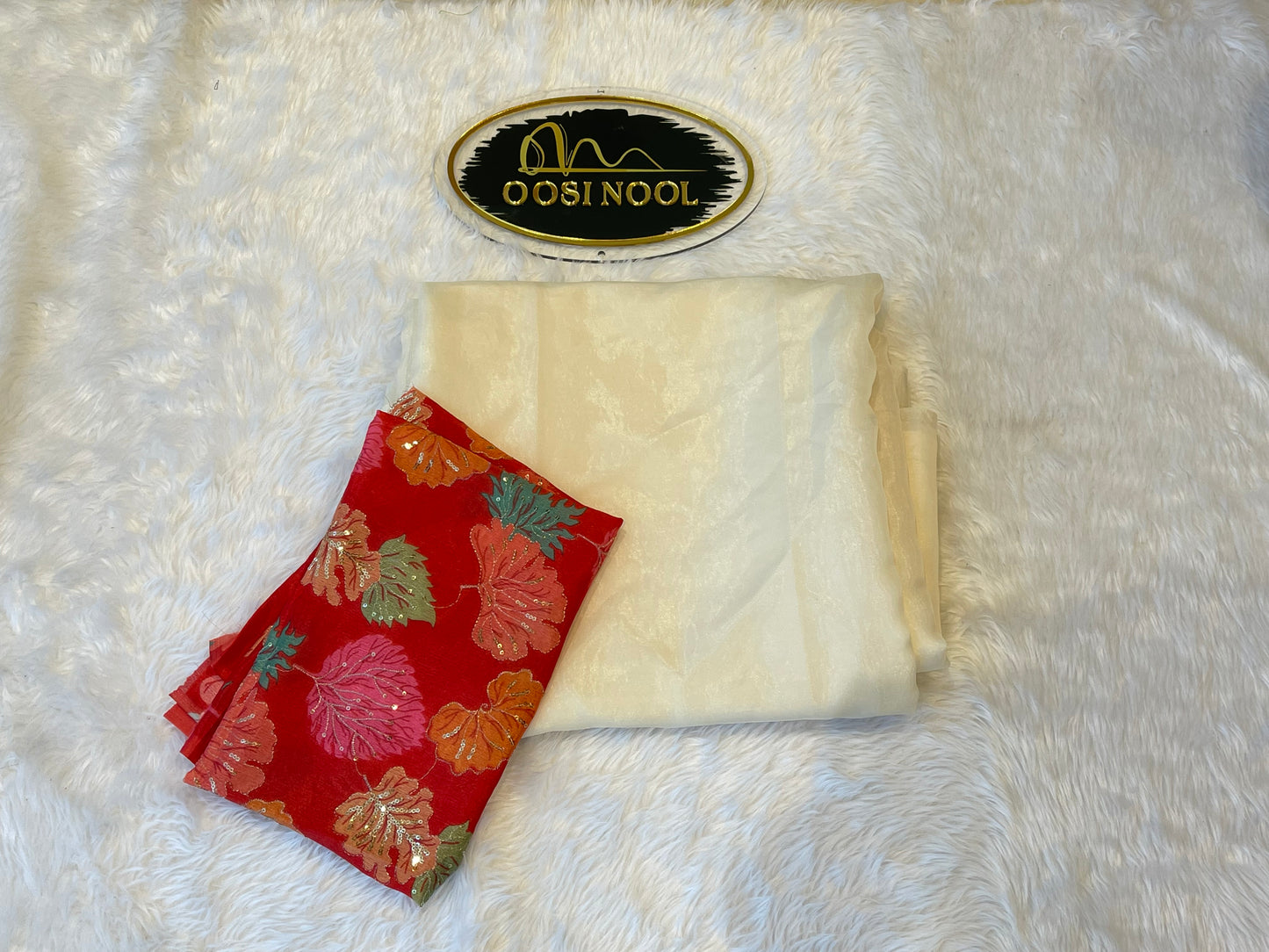 Glass Organza (White) with Floral print blouse (Orange)