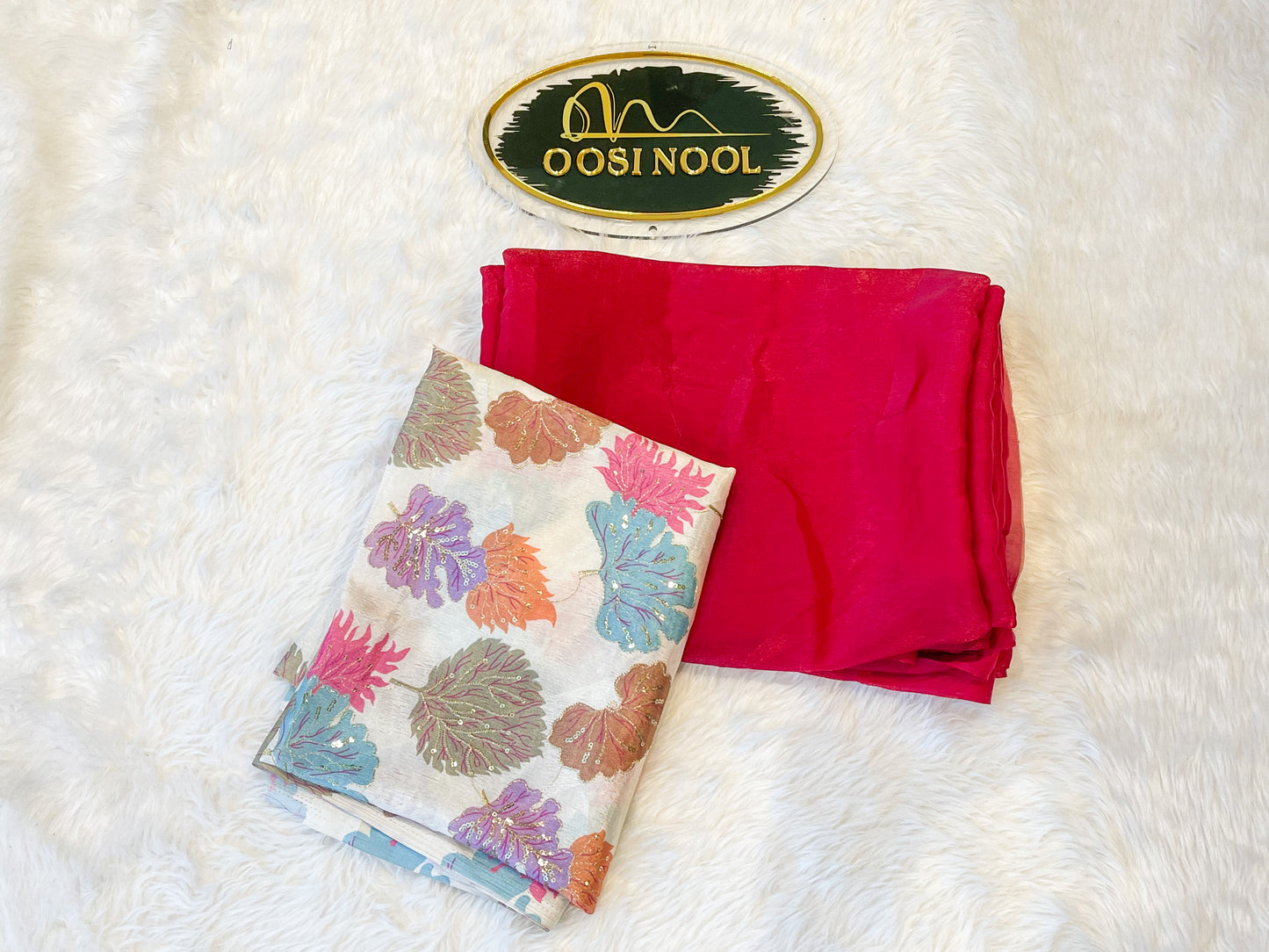 Glass Organza (Red) with Floral print blouse (Off - White)
