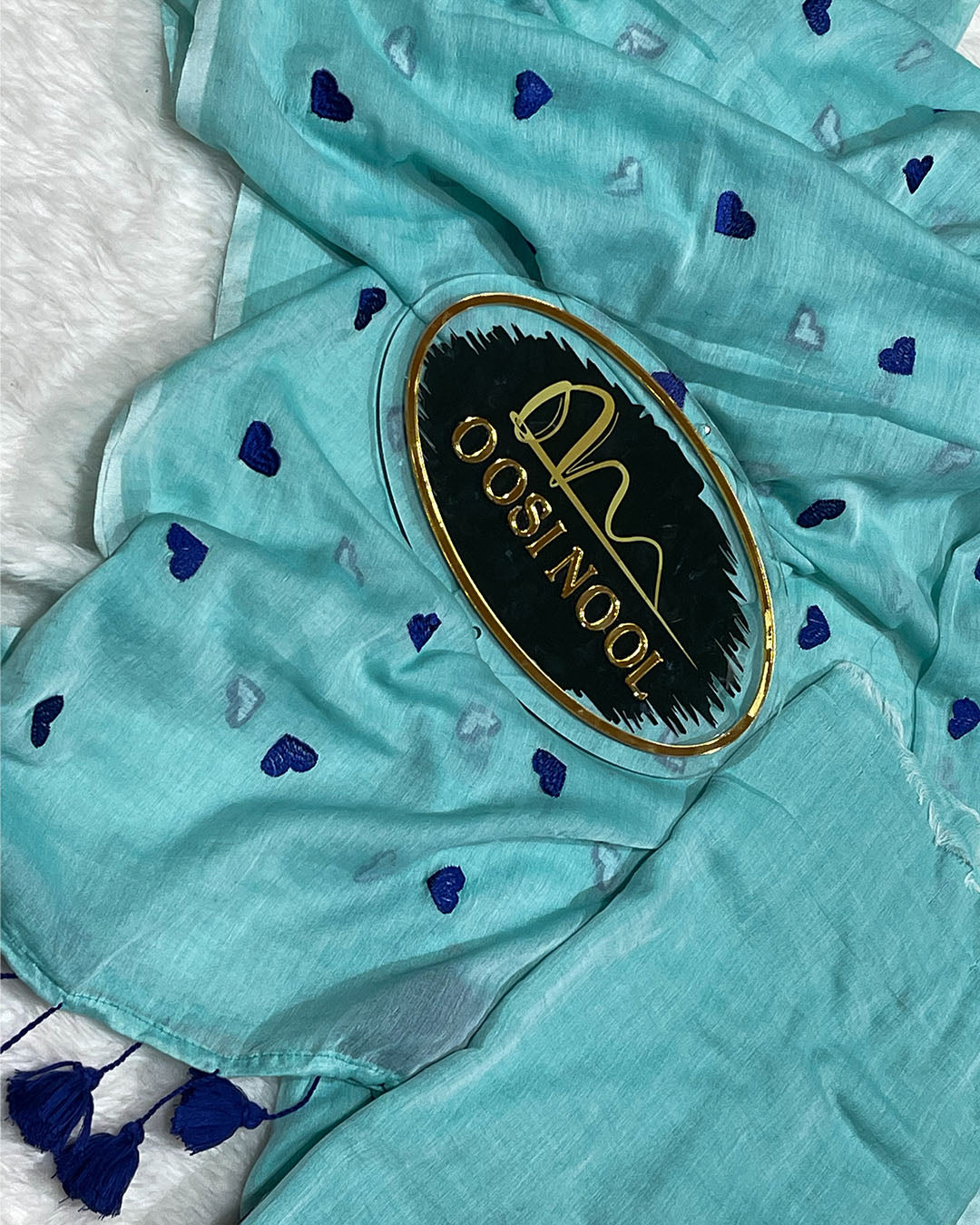 Heart Mulmul Cotton Saree (Light Blue with Dark Blue)