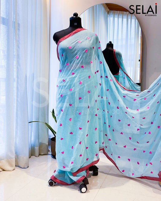Heart Mulmul Cotton Saree (Light Blue with Pink)