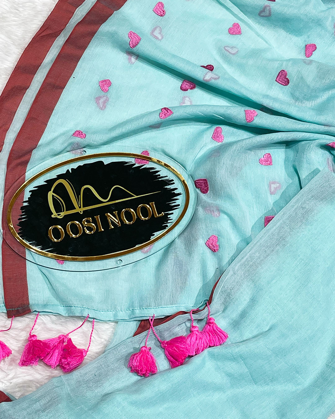 Heart Mulmul Cotton Saree (Light Blue with Pink)