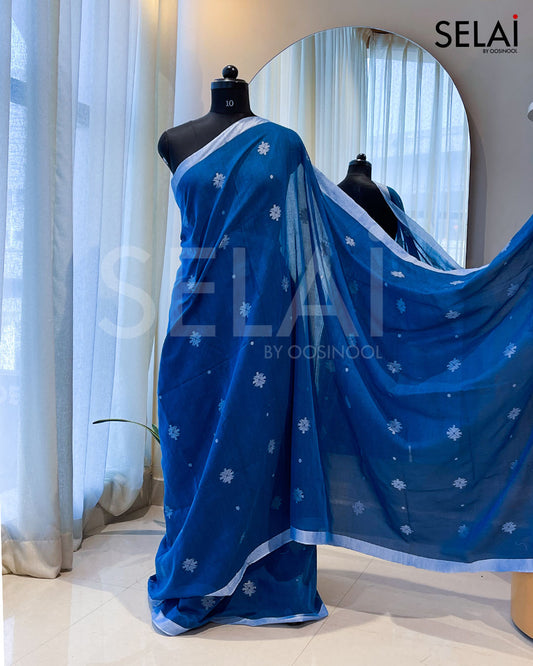 Diamond Mulmul Cotton Saree (Blue)