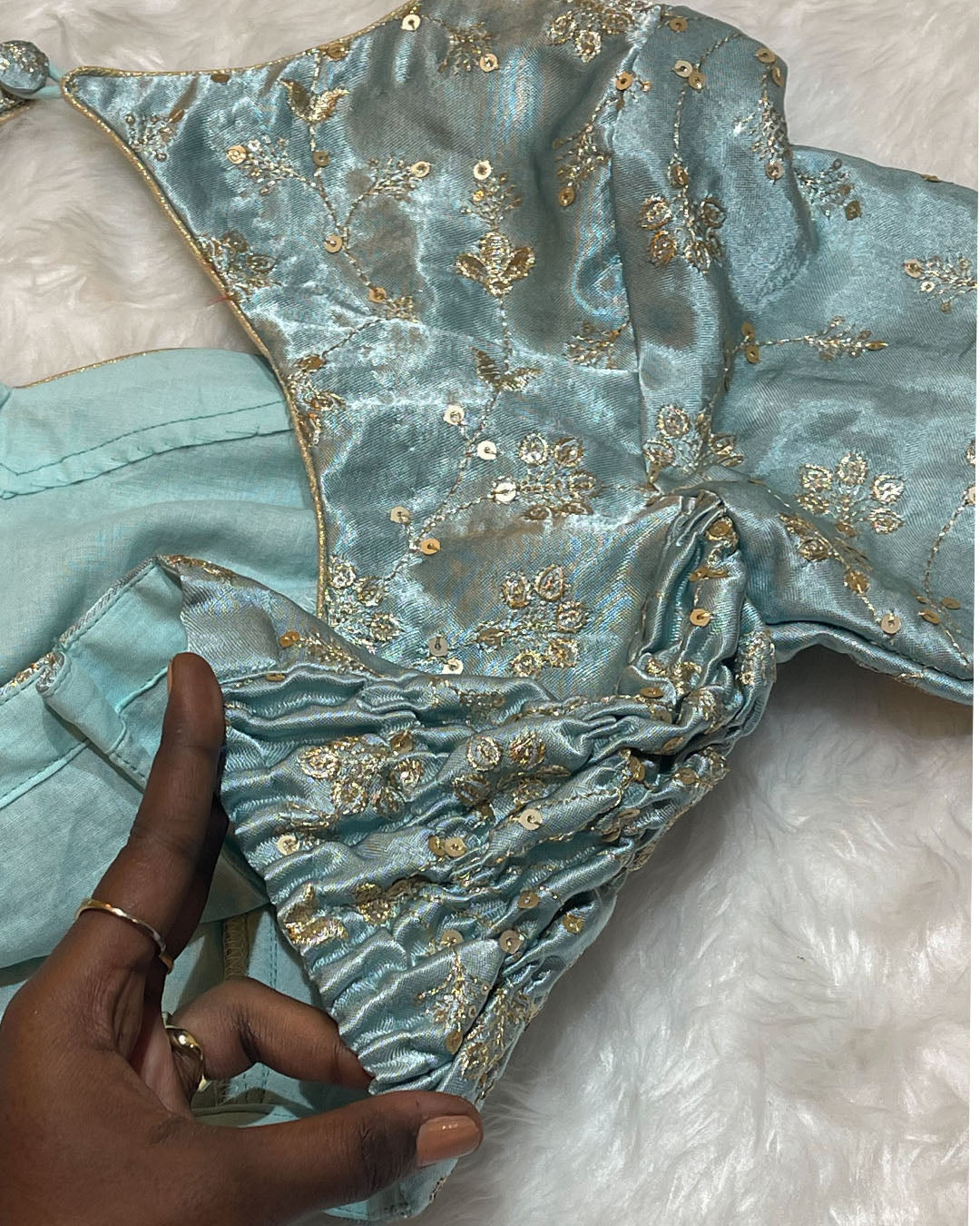 Light Teal Gajji Silk Blouse (Princess Cut)