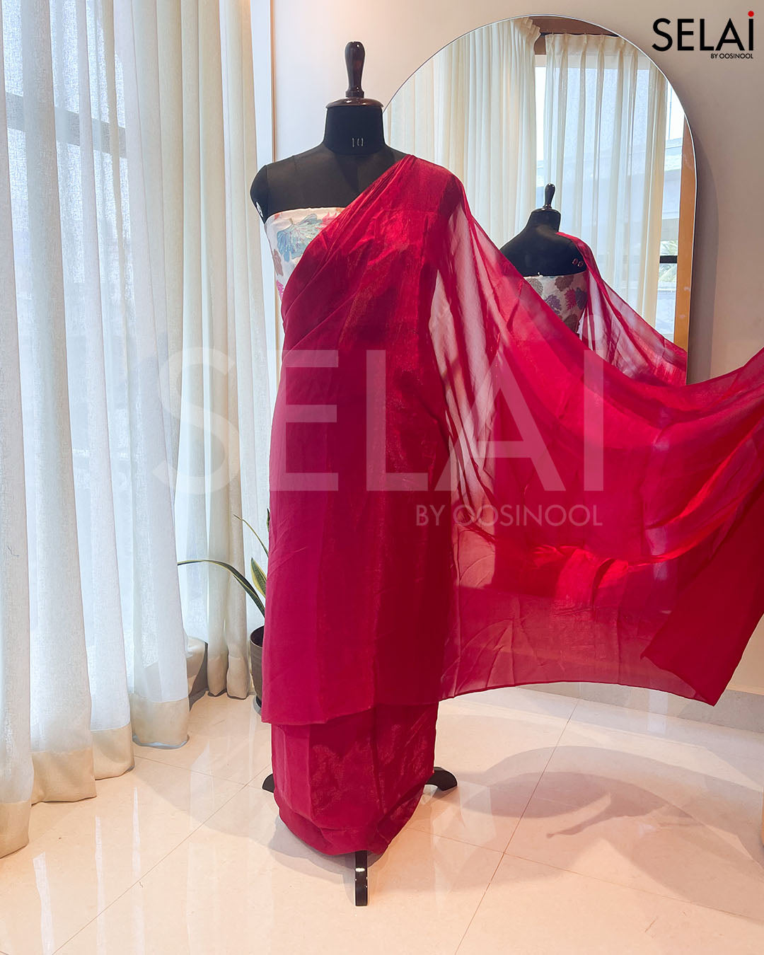 Glass Organza (Red) with Floral print blouse (Off - White)