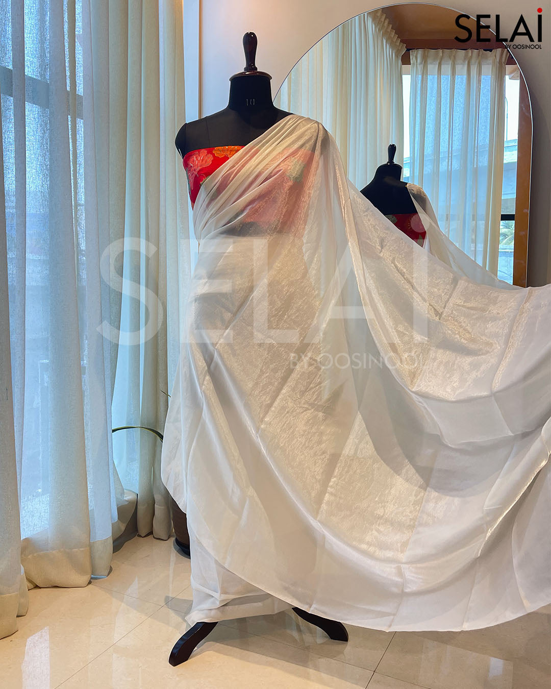 Glass Organza (White) with Floral print blouse (Orange)
