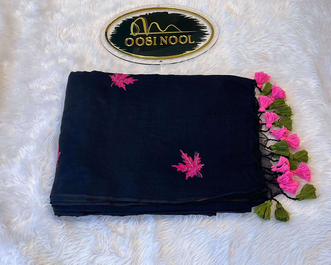 Maple Leaf Embroidered Mulmul Cotton Saree (Black with Pink)