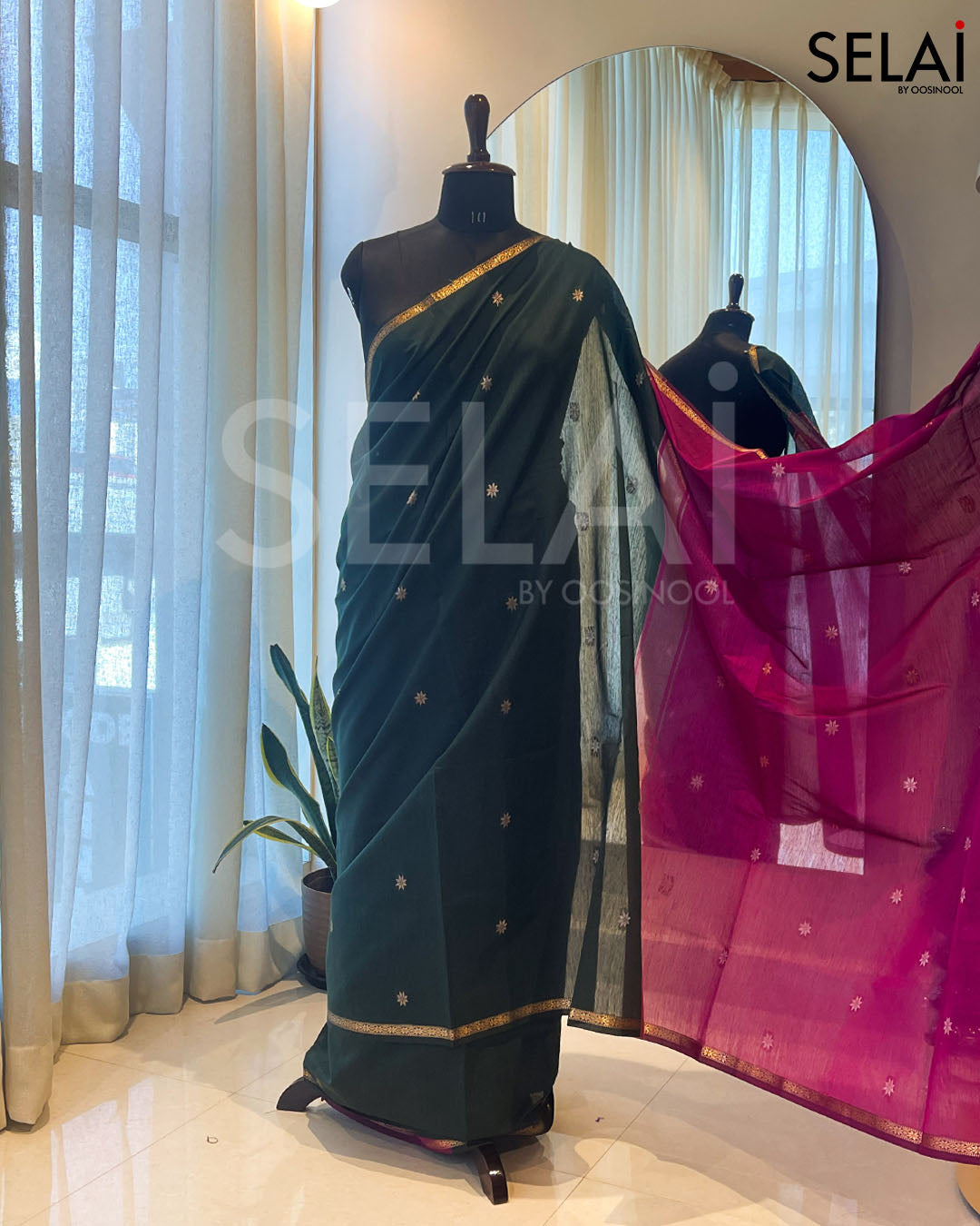 Mangalagiri Cotton Saree (Dark Green with Magenta Pink)