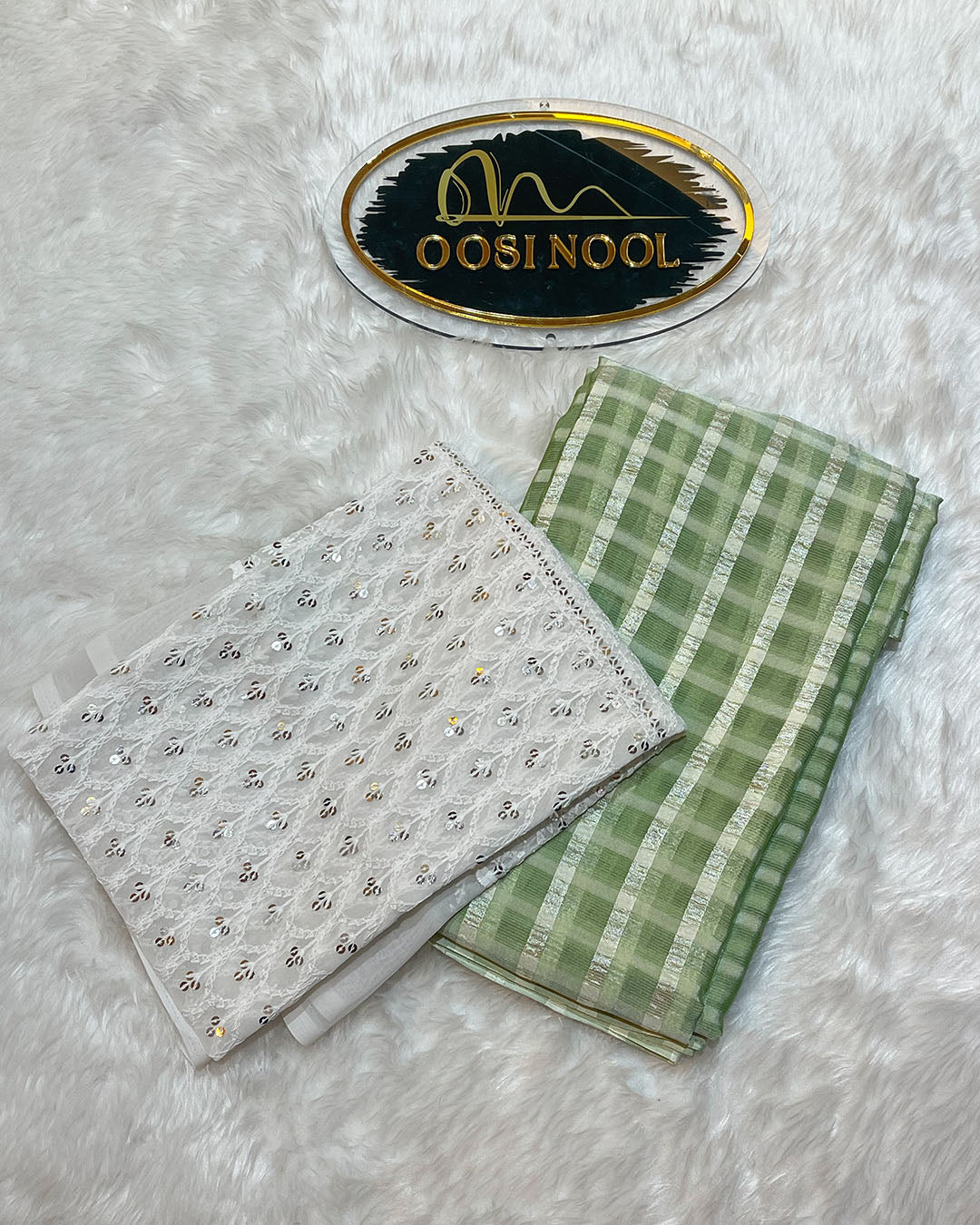 Checked Georgette Saree (Green) with Lace Blouse (White)