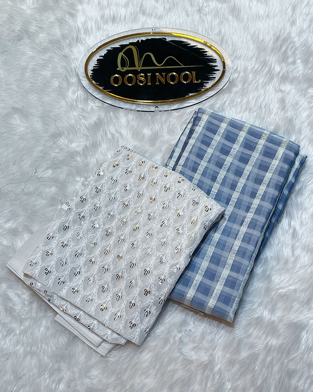 Checked Georgette Saree (Dark Blue) with Lace Blouse (White)