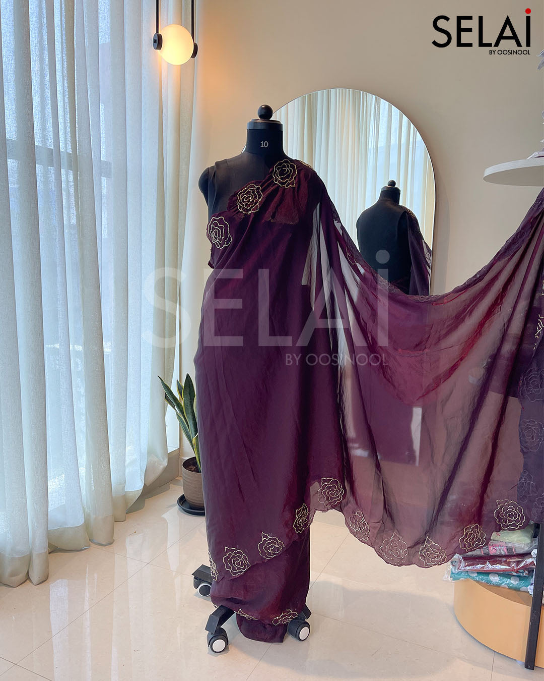 Glass Organza with Embroidered Beads (Deep Maroon)