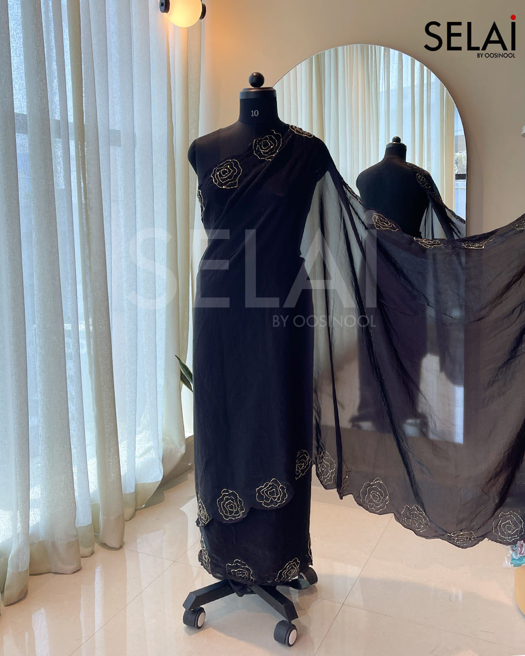Glass Organza with Embroidered Beads (Black)