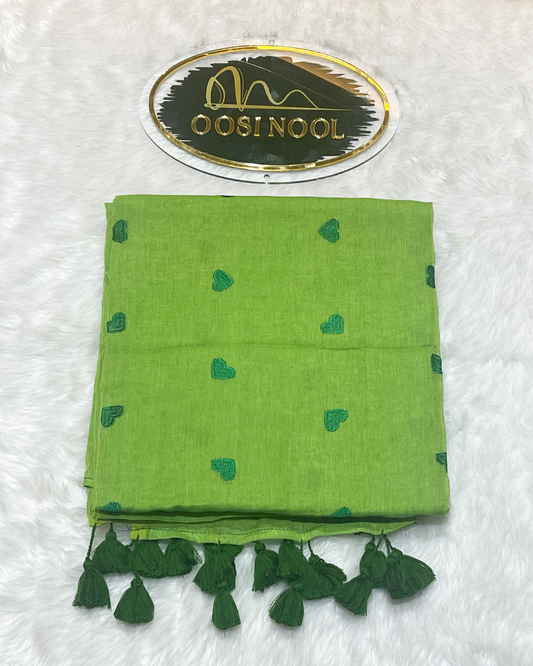 Heart Mulmul Cotton Saree (Parrot Green with Dark Green Hearts)