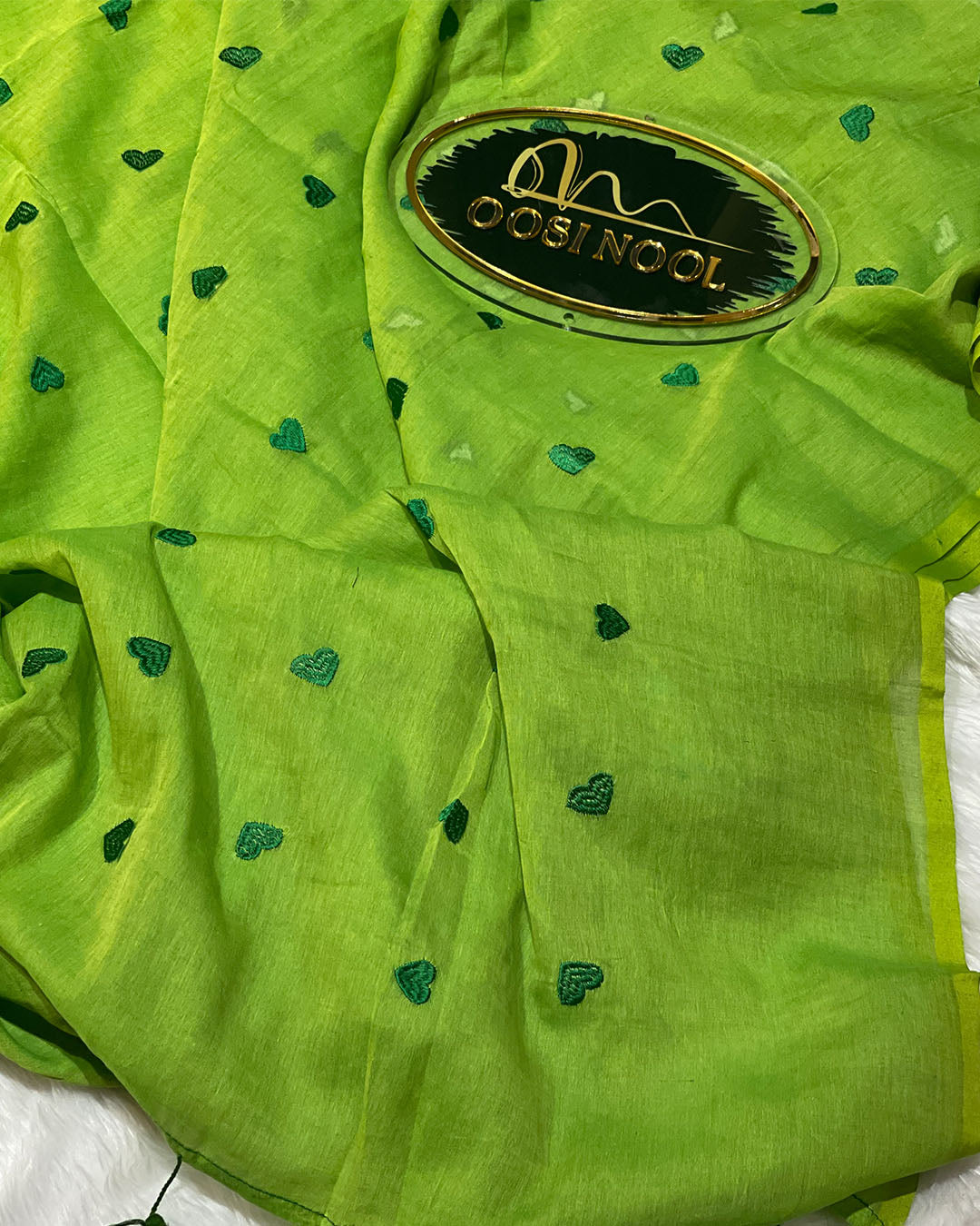 Heart Mulmul Cotton Saree (Parrot Green with Dark Green Hearts)