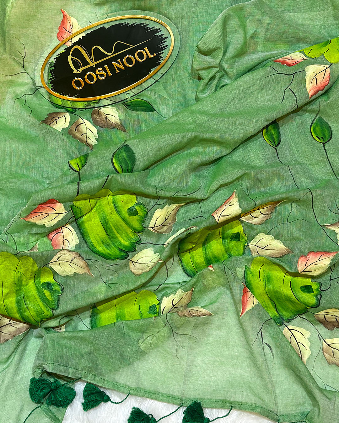 Floral Mulmul Cotton Saree (Light Green)