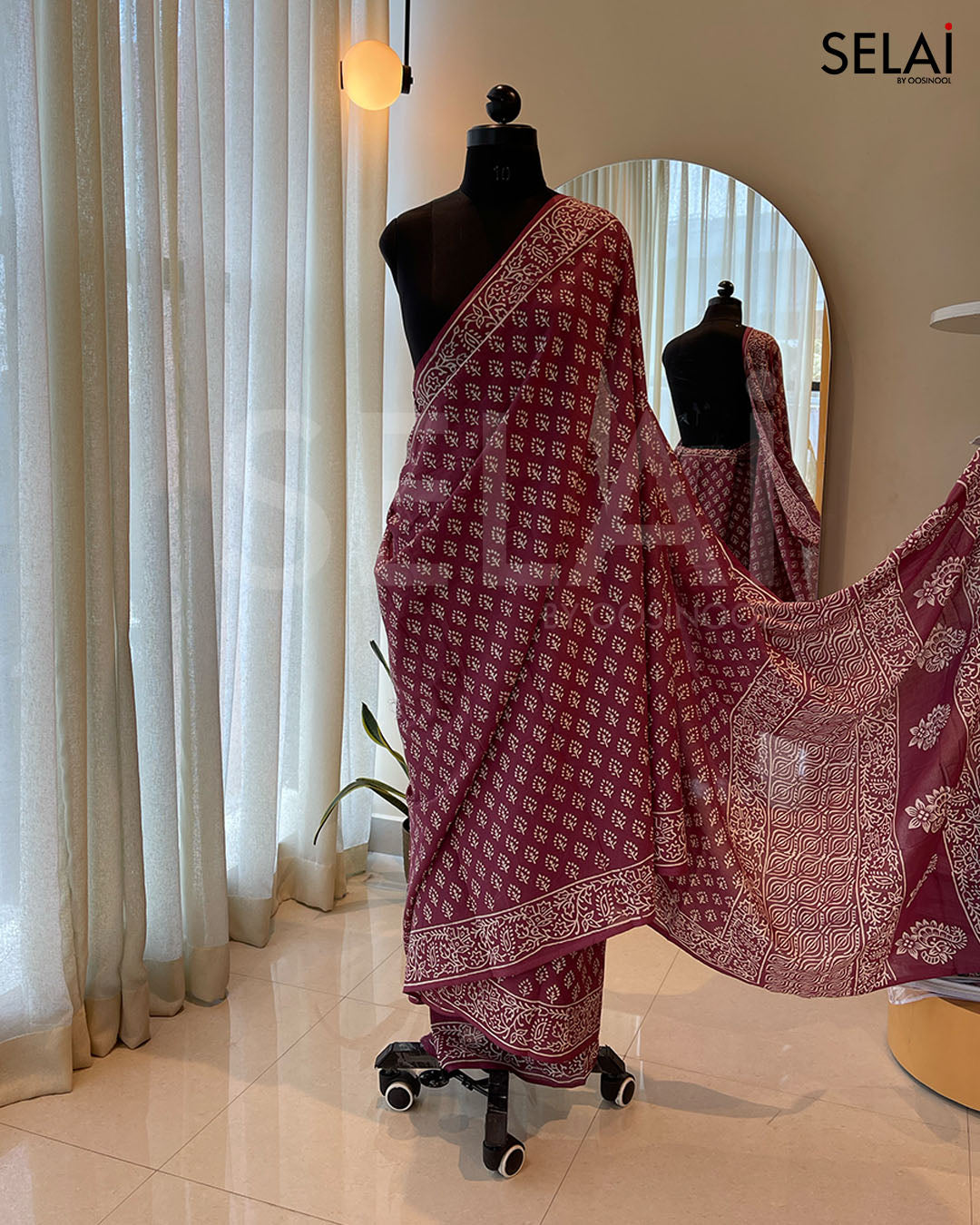 Ajrakh Print Mulmul Cotton Saree ( Dark Peach)