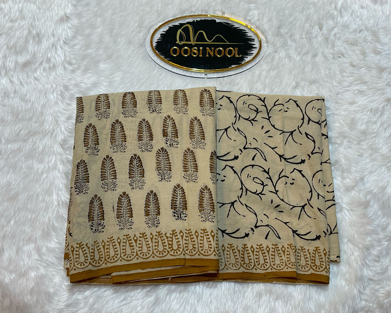 Ajrakh Print Mulmul Cotton Saree ( Beige)