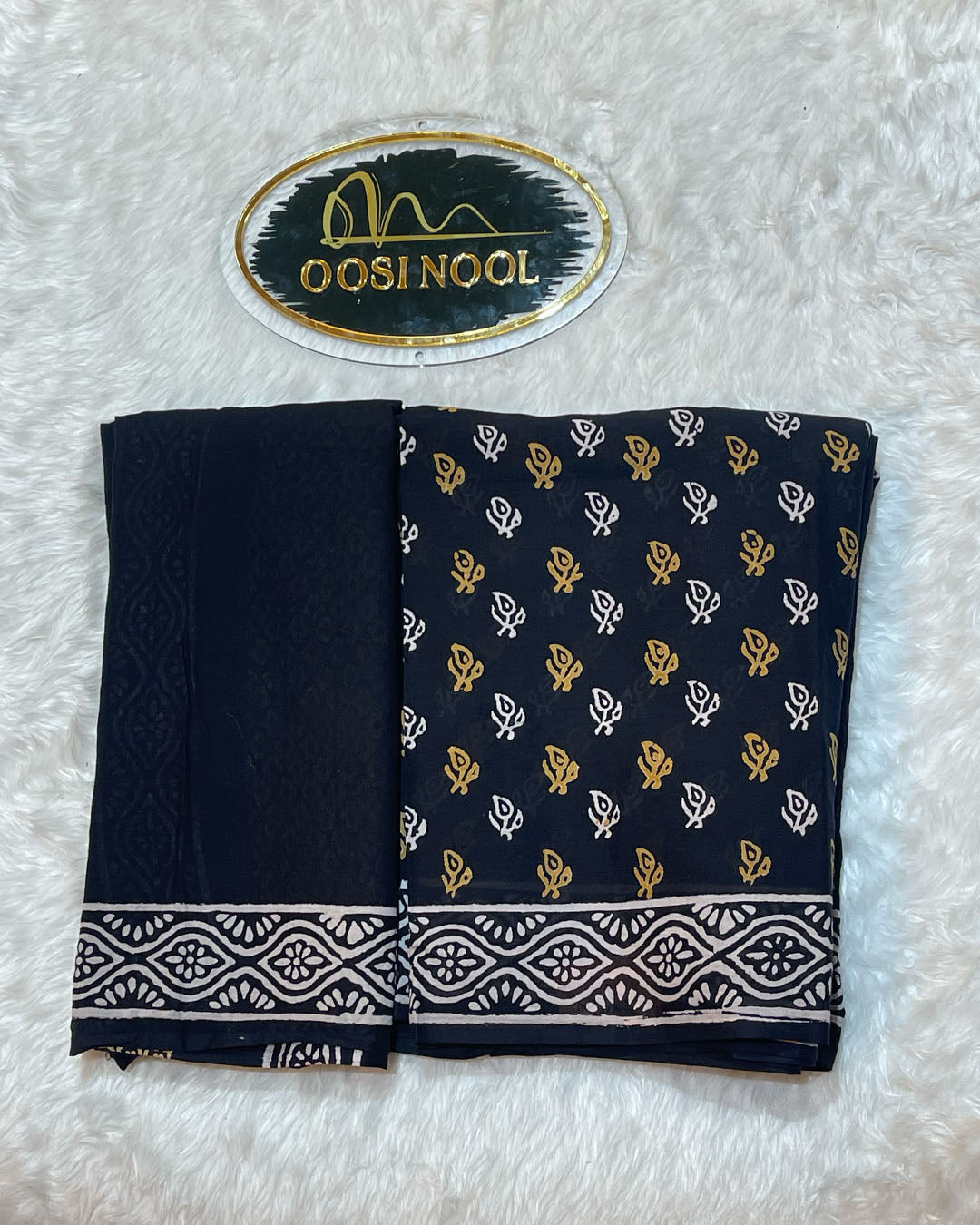 Ajrakh Print Mulmul Cotton Saree (Black)