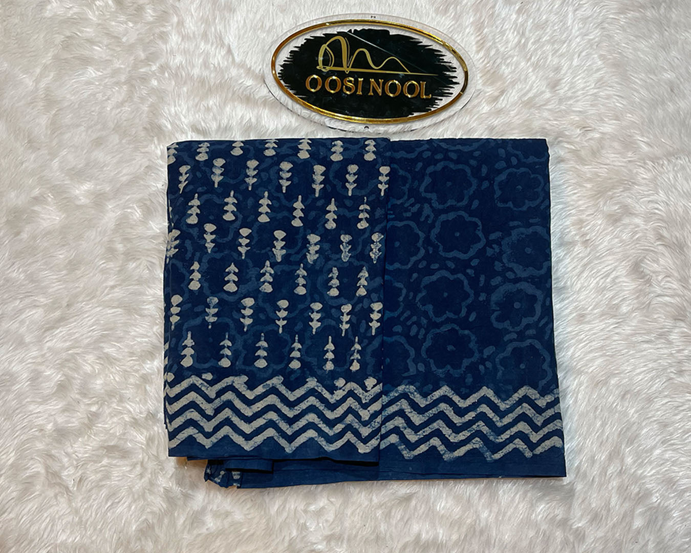 Ajrakh Print Mulmul Cotton Saree (Navy Blue Floral)