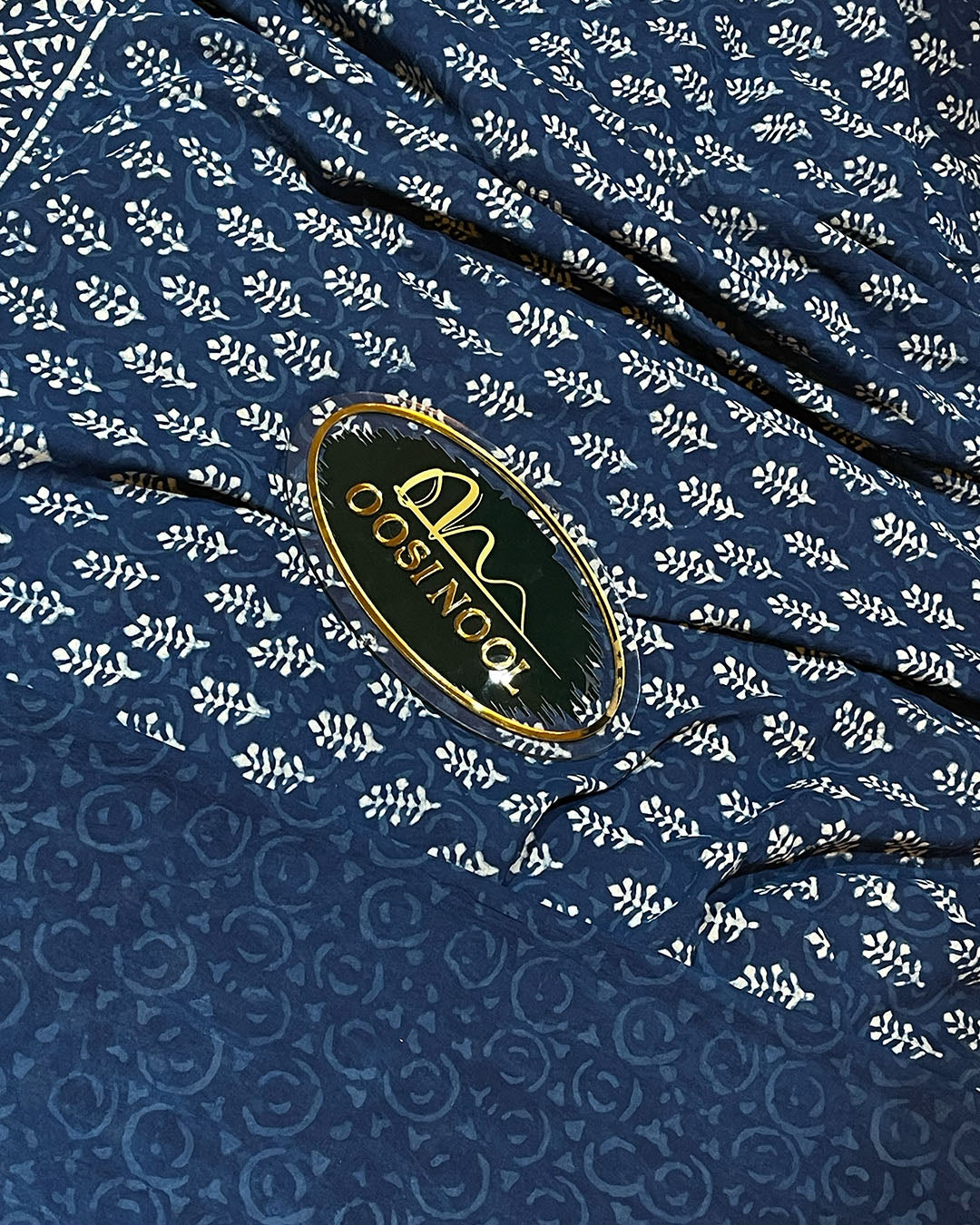 Ajrakh Print Mulmul Cotton Saree (Navy Blue Floral)