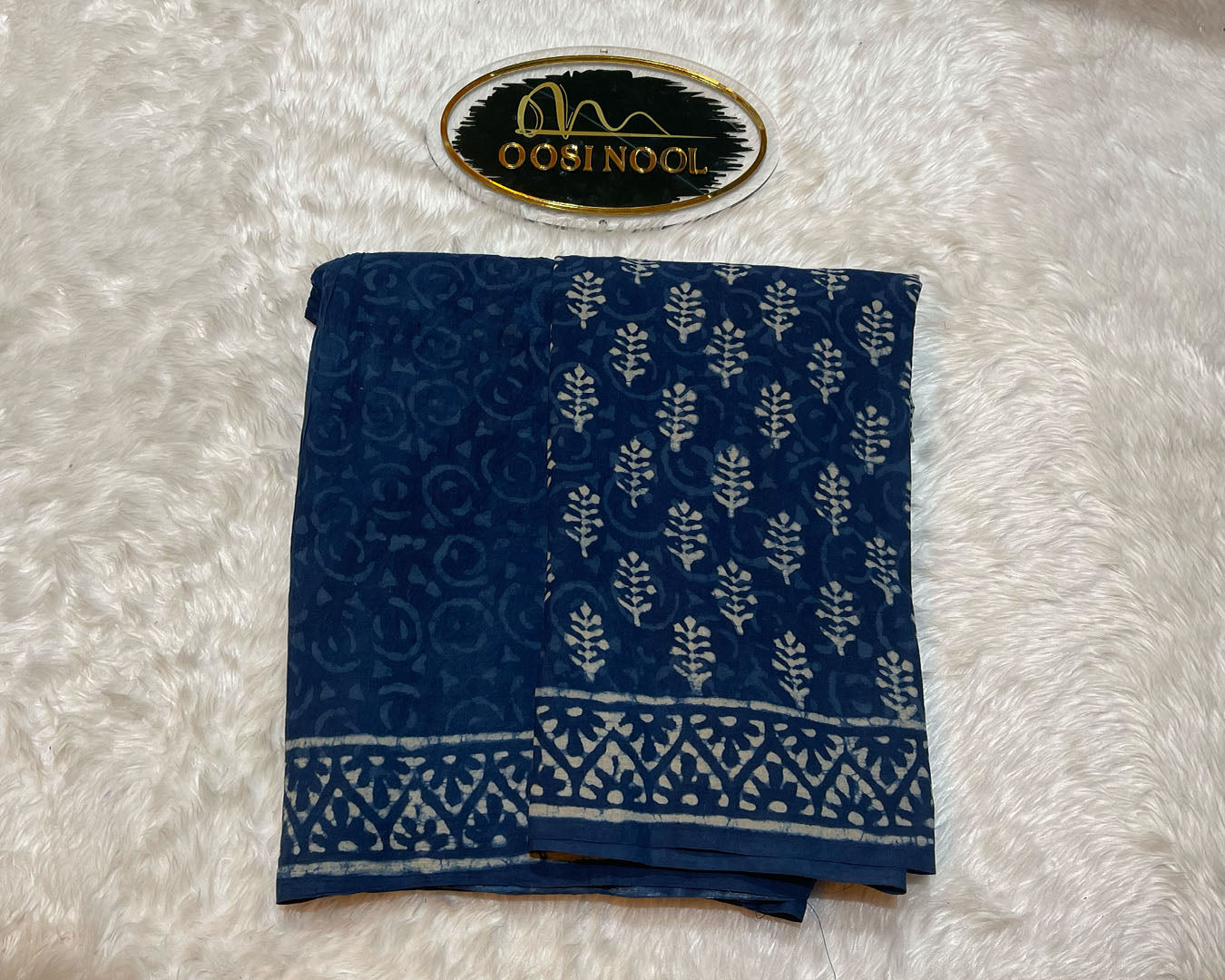 Ajrakh Print Mulmul Cotton Saree (Navy Blue Floral)