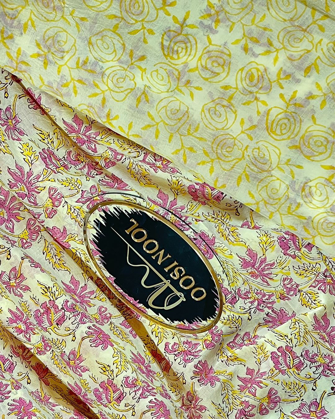 Ajrakh Print Mulmul Cotton Saree (Yellow & Pink)
