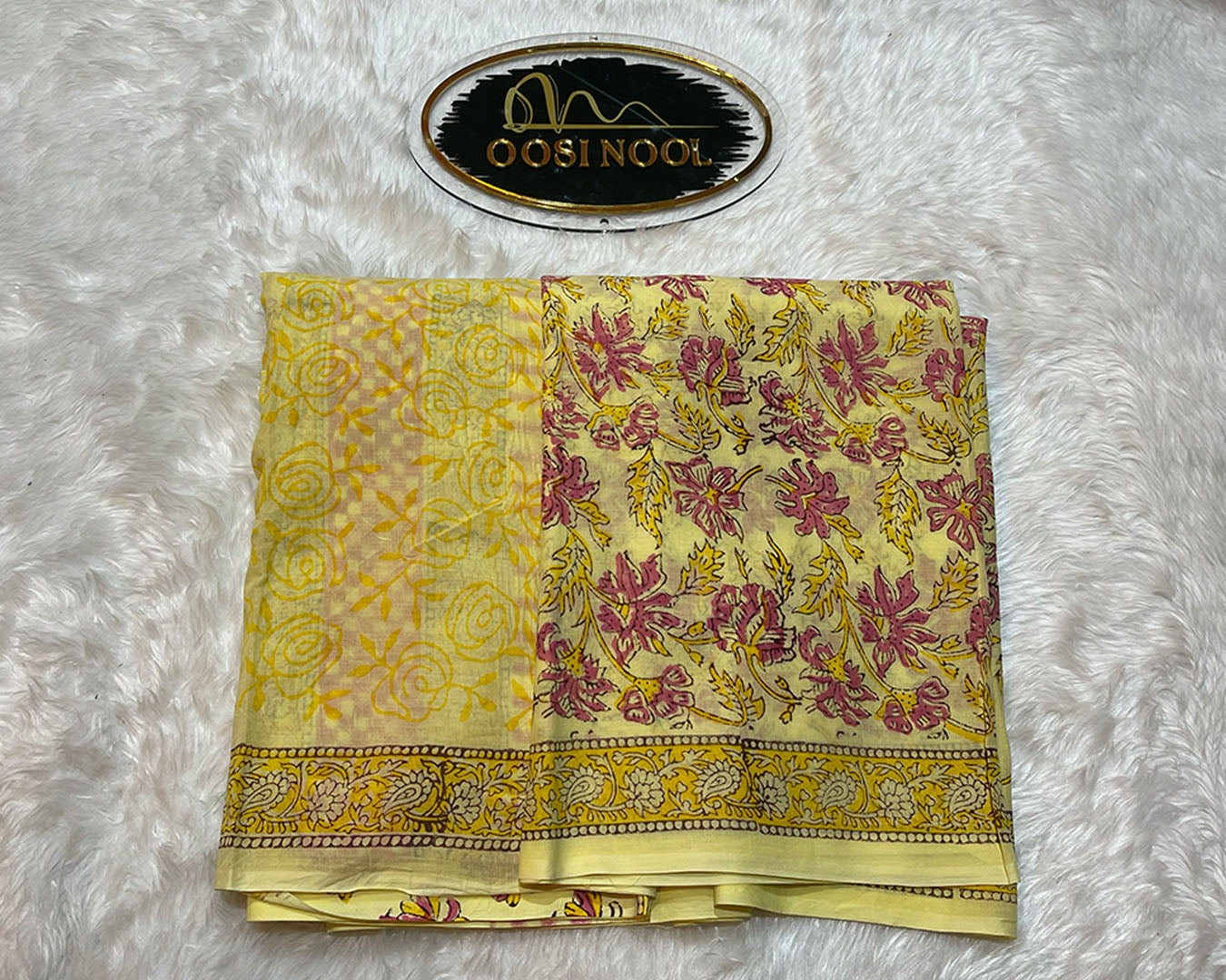 Ajrakh Print Mulmul Cotton Saree (Yellow & Pink)