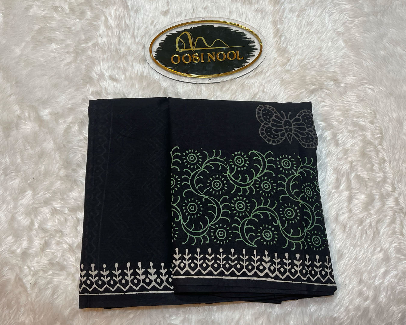 Ajrakh Print Mulmul Cotton Saree (Black)
