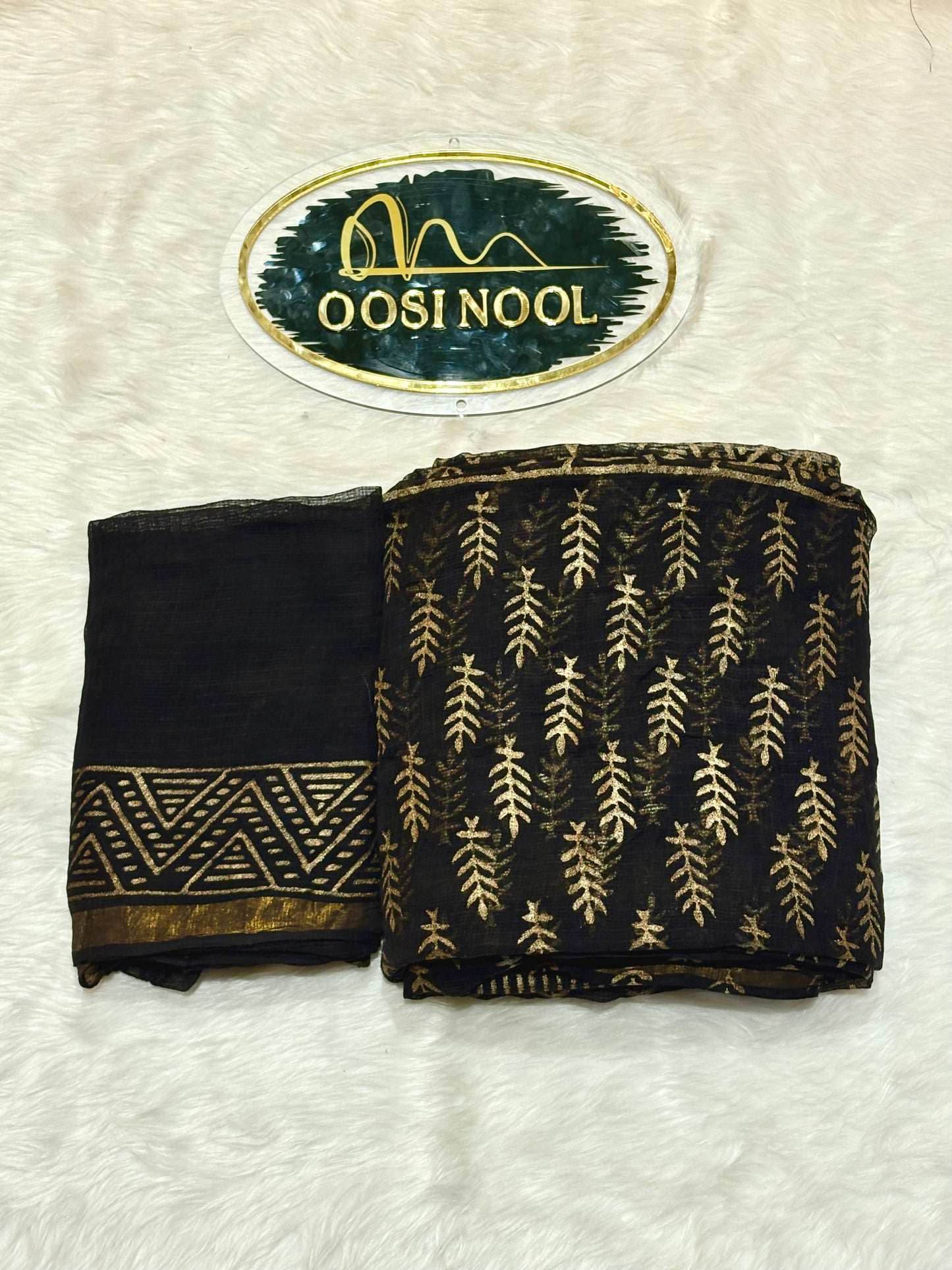 Kota Cotton Black Gold Leaf Design Saree
