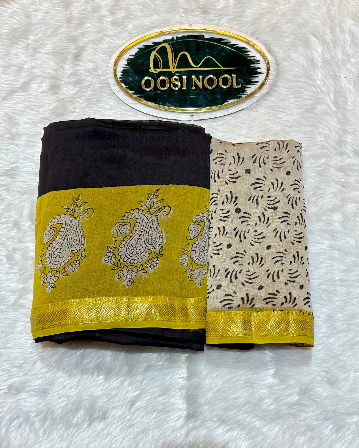 Black Chanderi Cotton Saree with Yellow Border