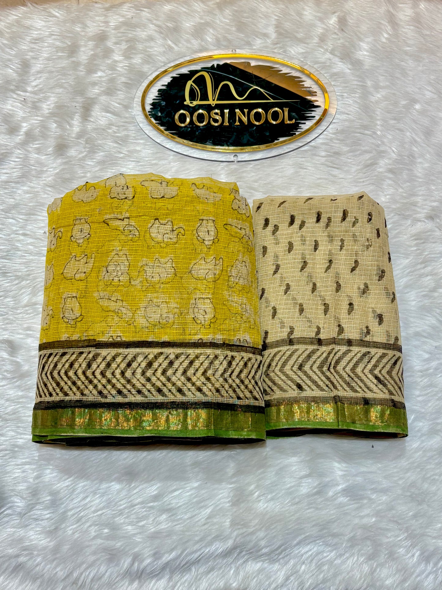Elephant Design Yellow with Black Green Border Kota Cotton Saree