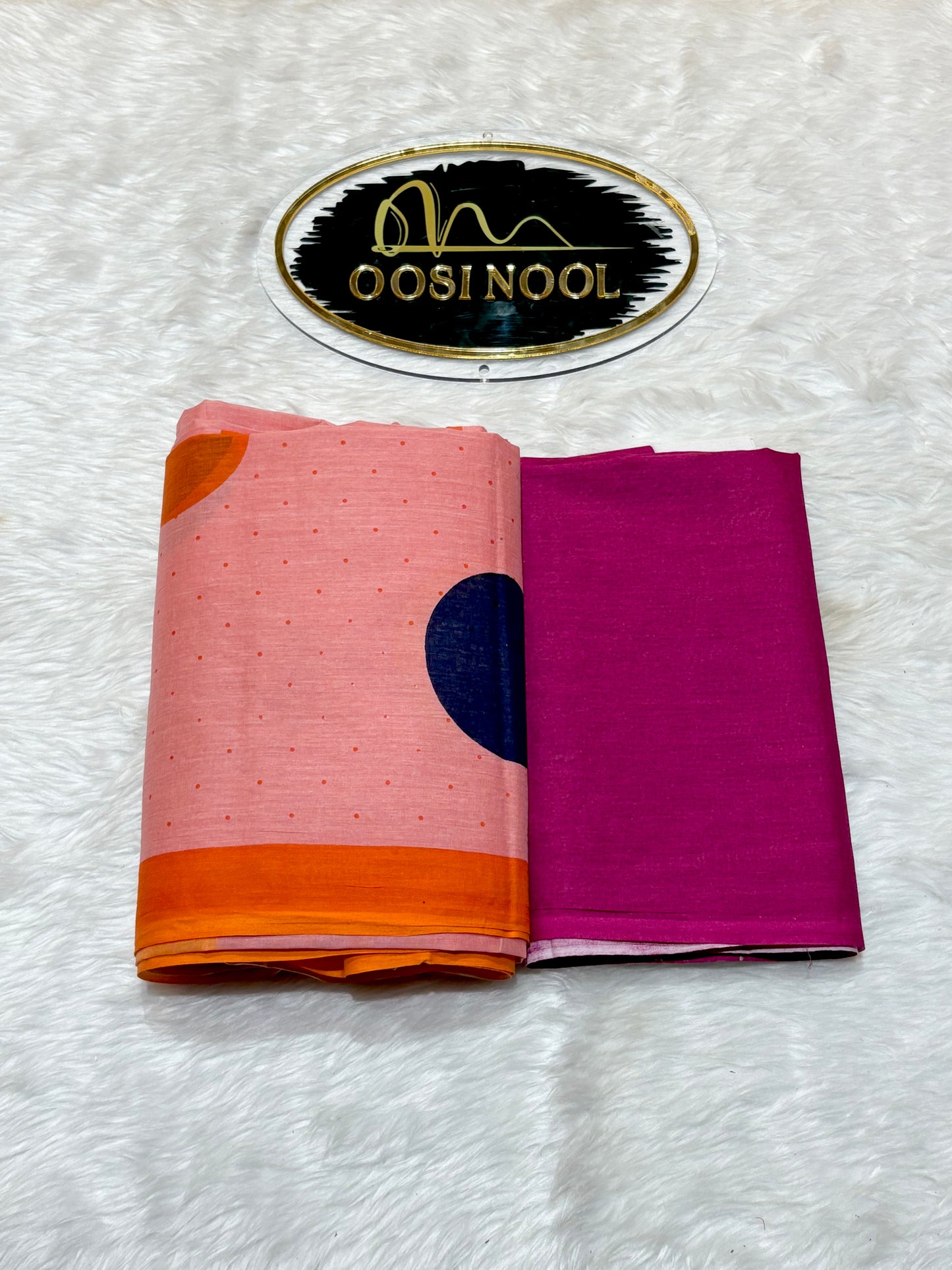 Light Orangish Pink with Big Polka Dots Cotton Saree