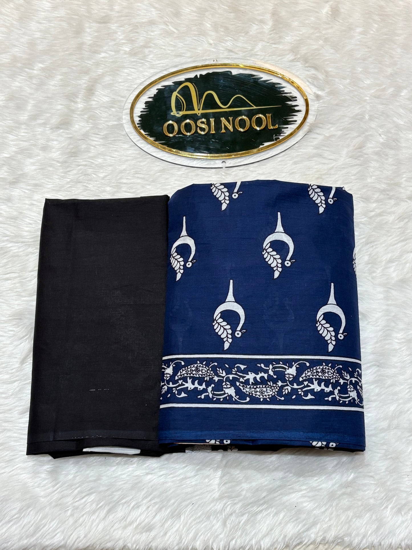 Navy Blue Peacock Design Cotton Saree