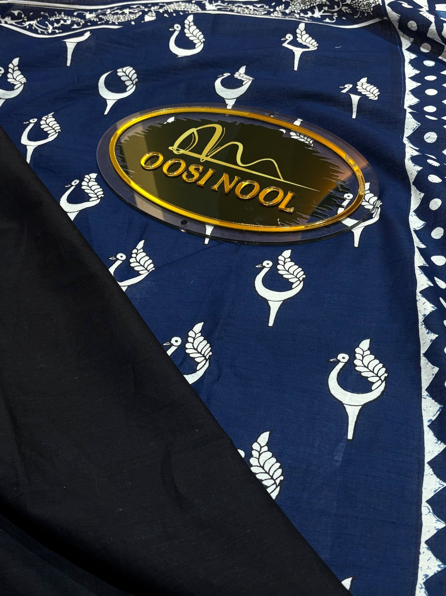 Navy Blue Peacock Design Cotton Saree