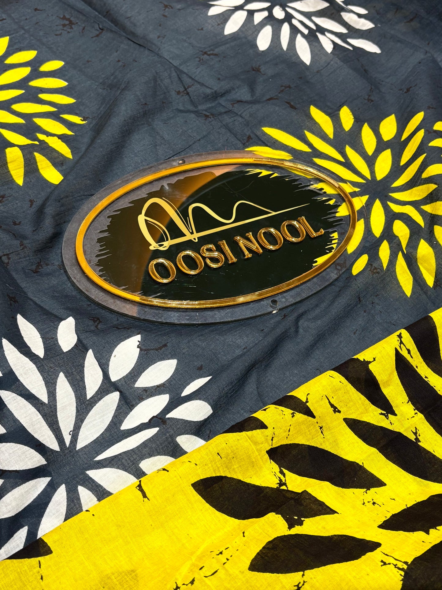 Floral Design Navy Blue Cotton Saree With Yellow Blouse