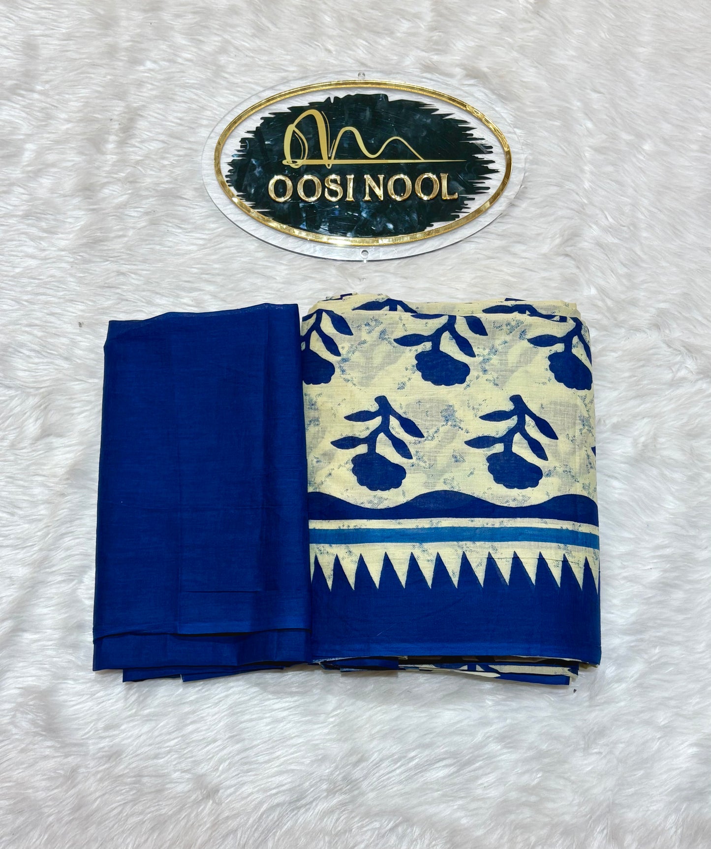 Beige Cotton Saree with Blue Floral Design