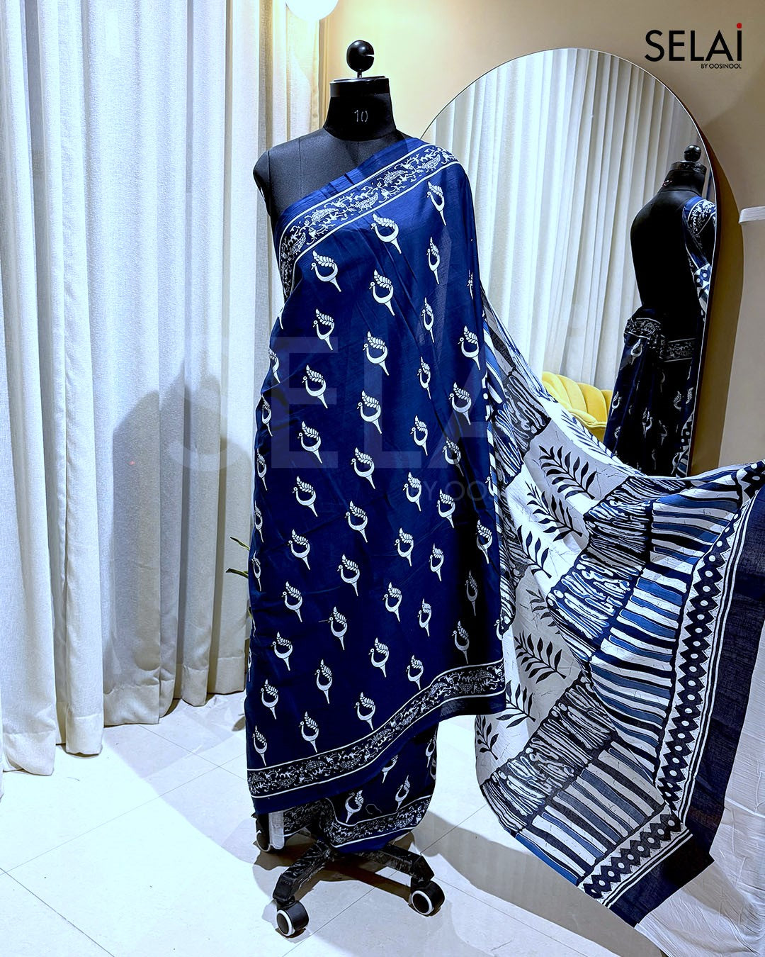 Navy Blue Peacock Design Cotton Saree
