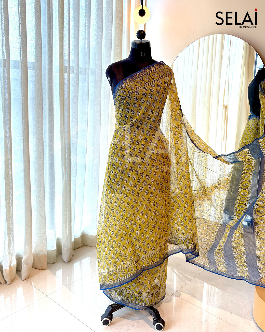 Yellow with Blue Border Kota Cotton Saree